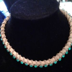 Vintage 1940's Goldtone / Slivertone filigree Choker with Green Stones